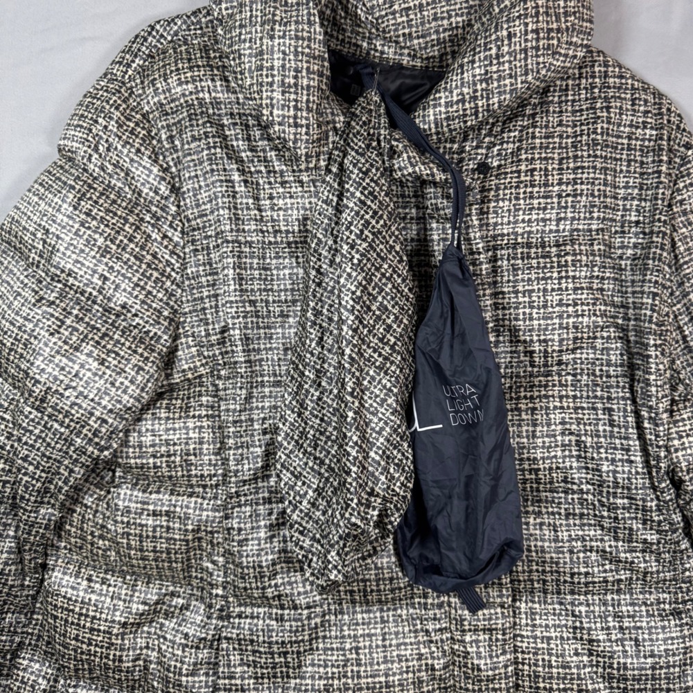 Uniqlo Ultra Light Down Long Puffer Coat XL Houndstooth AOP Packable Cozy Brown - Picture 5 of 11